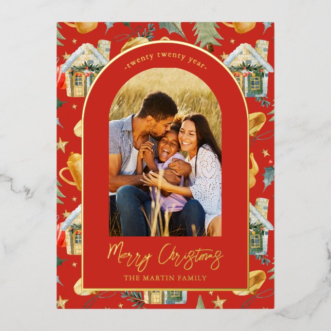 Watercolor Christmas Town Photo Red Foil Holiday Postcard (Front)