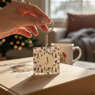Watercolor Christmas Toys Monogram inital Key Ring