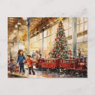 Watercolor Christmas Train Department store memory Postcard