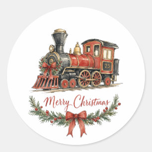 Watercolor Christmas Train with Wreath Classic Round Sticker