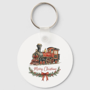 Watercolor Christmas Train with Wreath Key Ring