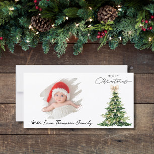Watercolor Christmas Tree and Photo Elegant Modern Holiday Card