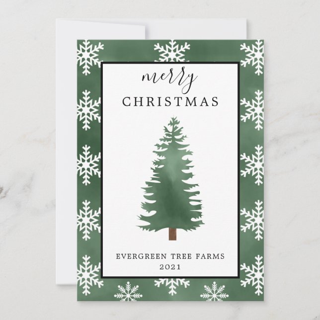 Watercolor Christmas Tree and Snowflakes Merry  Holiday Card (Front)