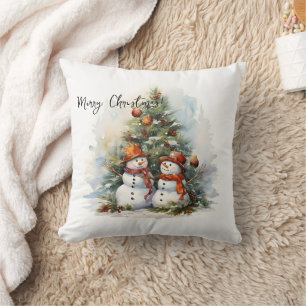 Watercolor Christmas Tree and Snowmen Cushion
