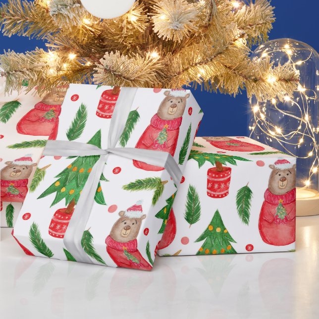 Watercolor Christmas Tree and Teddy Bear Wrapping Paper (Holidays)