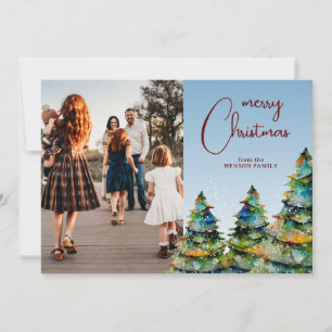 Watercolor Christmas Tree Artistic Family Photo Holiday Card
