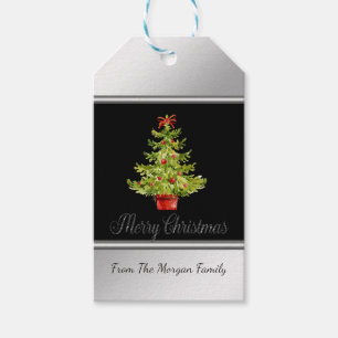 Watercolor Christmas Tree,Black, Silver Gift Tags