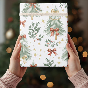 Watercolor Christmas Tree & Bow Wrapping Paper