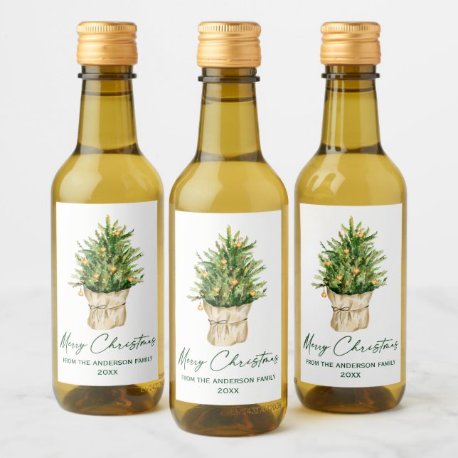Watercolor Christmas Tree Calligraphy Ink Mini Wine Label (Bottles)