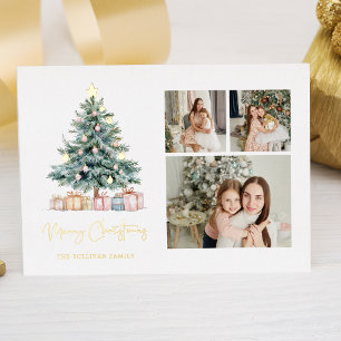 Watercolor Christmas Tree Calligraphy Three Photos Foil Holiday Card