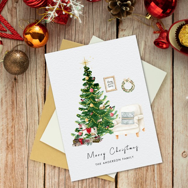 Watercolor Christmas Tree & Chair Christmas  Holiday Card (Creator Uploaded)