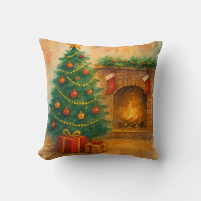 Watercolor Christmas Tree & Cozy Fireplace Holiday Cushion (Front)