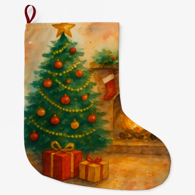 Watercolor Christmas Tree & Cozy Fireplace Holiday Large Christmas Stocking (Front)