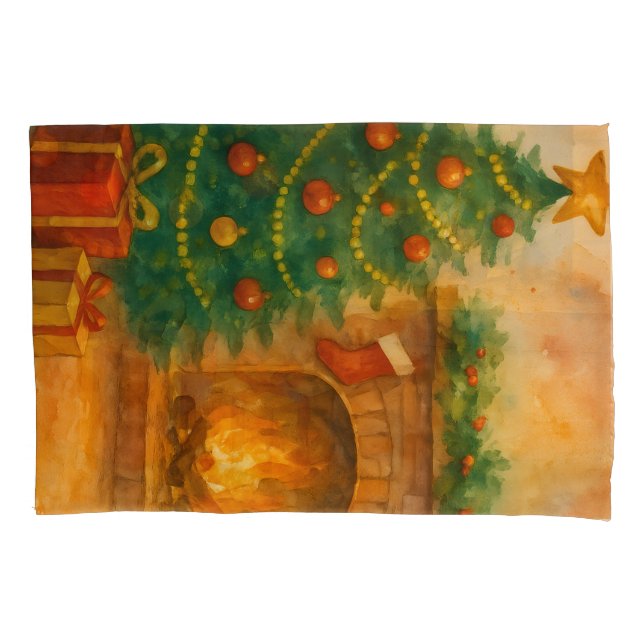 Watercolor Christmas Tree & Cozy Fireplace Holiday Pillowcase (Front)