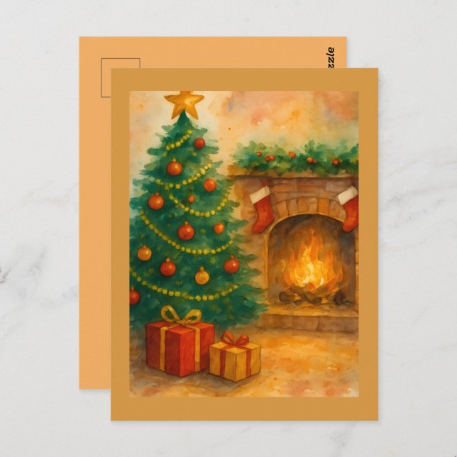 Watercolor Christmas Tree & Cozy Fireplace Holiday Postcard (Front/Back)