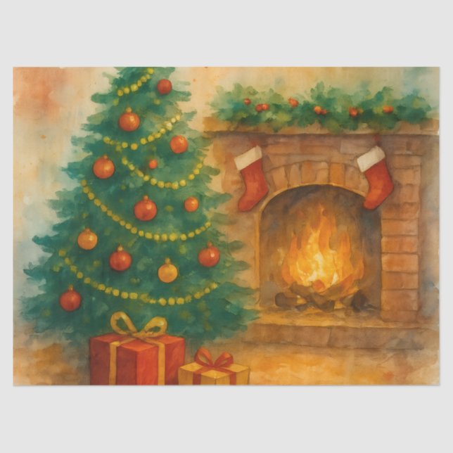 Watercolor Christmas Tree & Cozy Fireplace Holiday Tissue Paper (Front)