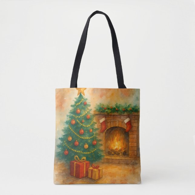 Watercolor Christmas Tree & Cozy Fireplace Holiday Tote Bag (Front)