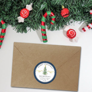 Watercolor Christmas Tree Custom Return Address Classic Round Sticker