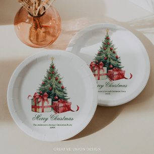 Watercolor Christmas Tree Elegant Script Paper Plate