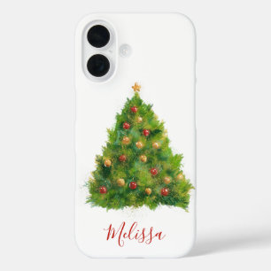 Watercolor Christmas Tree Festive Name iPhone 16 Case