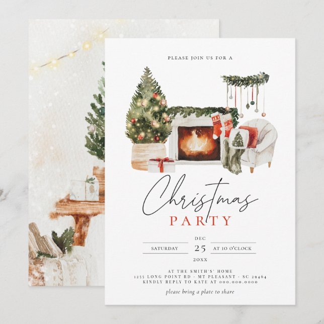 Watercolor Christmas Tree & Garland Holiday Party Invitation (Front/Back)