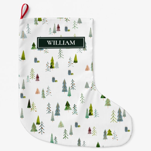 Watercolor Christmas Tree & Gift Box Personalised  Large Christmas Stocking (Front)
