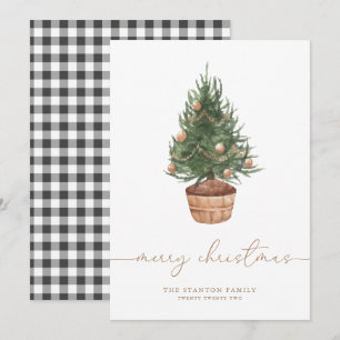 Watercolor Christmas Tree Gingham   Holiday Card