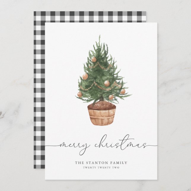 Watercolor Christmas Tree Gingham | Holiday Card (Front/Back)