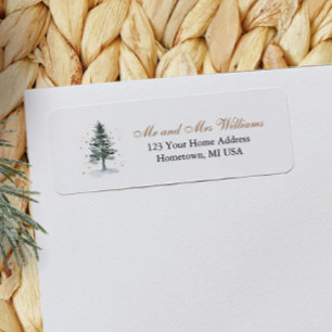 Watercolor Christmas Tree Gold Return Address