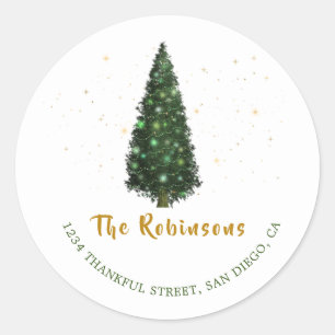 Watercolor Christmas Tree Gold Return Address Classic Round Sticker