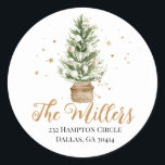 Watercolor Christmas Tree Gold Stars Classic Round Sticker<br><div class="desc">Christmas Tree Gold Return Address Sticker. Add a special touch to your holiday envelopes this year!</div>
