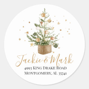 Watercolor Christmas Tree Gold Stars Classic Round Sticker
