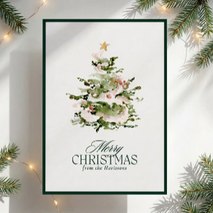 Watercolor Christmas Tree Holiday green border Card
