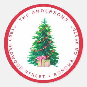 Watercolor Christmas Tree   Holiday Return Address Classic Round Sticker