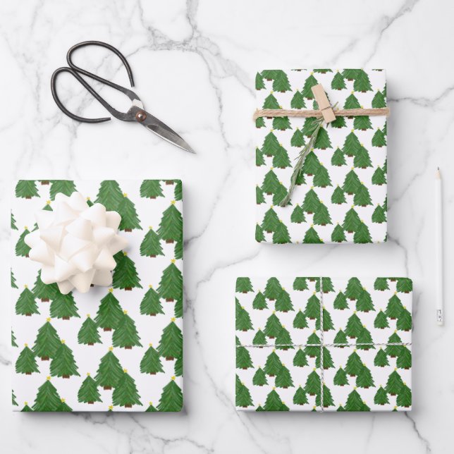 Watercolor Christmas Tree Holiday Wrapping Paper Sheet (Front)