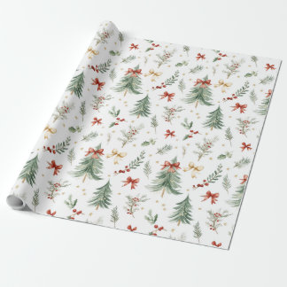 Watercolor Christmas Tree & Holly Wrapping Paper