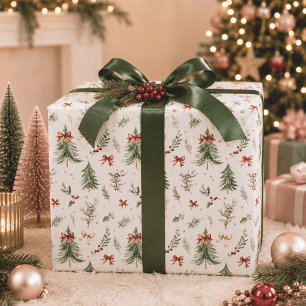 Watercolor Christmas Tree & Holly Wrapping Paper