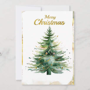 Watercolor Christmas Tree in Gold and Green Holiday Card