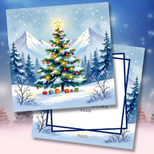 Watercolor Christmas Tree in the Mountains Holiday Card