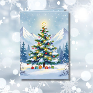 Watercolor Christmas Tree in the Mountains Photo Holiday Card