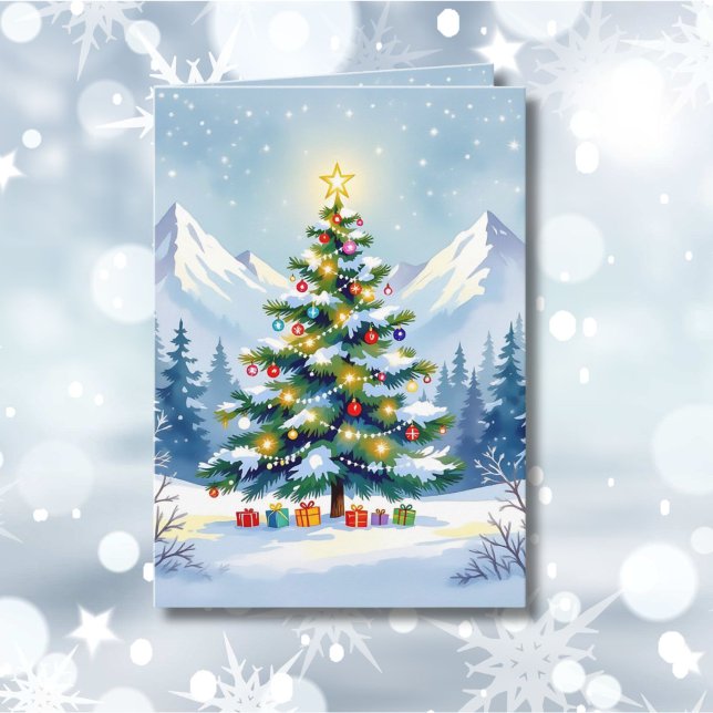 Watercolor Christmas Tree in the Mountains  Photo Holiday Card (Creator Uploaded)