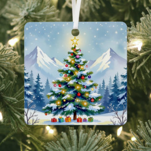 Watercolor Christmas Tree in the Mountains  Photo Metal Tree Decoration
