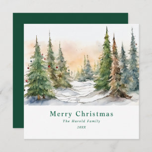 Watercolor Christmas Tree Landscape Art Custom Holiday Card