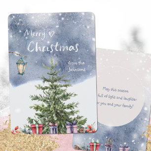 Watercolor Christmas Tree & Lantern  Holiday Card