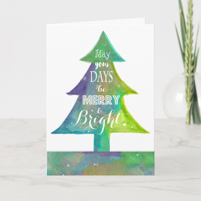 Watercolor Christmas Tree Merry and Bright Card (Front)