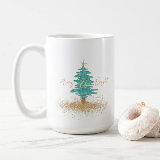 Watercolor Christmas Tree "Merry & Bright" Holiday Coffee Mug (With Donut)