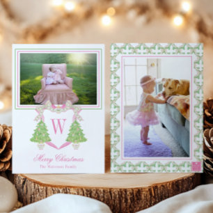 Watercolor Christmas Tree Monogram Crest Photo Holiday Card
