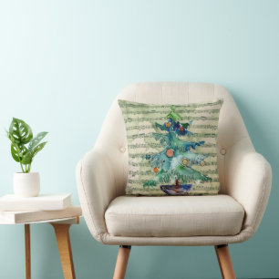 Watercolor Christmas Tree & Music Cushion