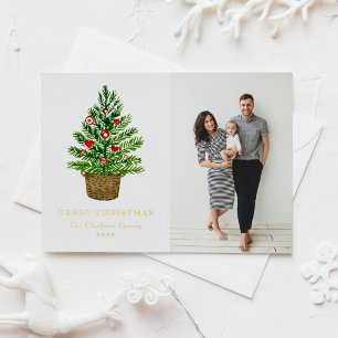 Watercolor Christmas Tree on a Wicker Basket Photo Foil Holiday Postcard