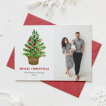 Watercolor Christmas Tree on a Wicker Basket Photo Holiday Card<br><div class="desc">Send your holiday wishes to friends and family with this customisable Christmas card. This watercolor Christmas card features a watercolour Christmas tree with red ornaments on a wicker basket. Personalise it by adding your own details. This photo Christmas card is available on other cardstock. Matching items are available.</div>